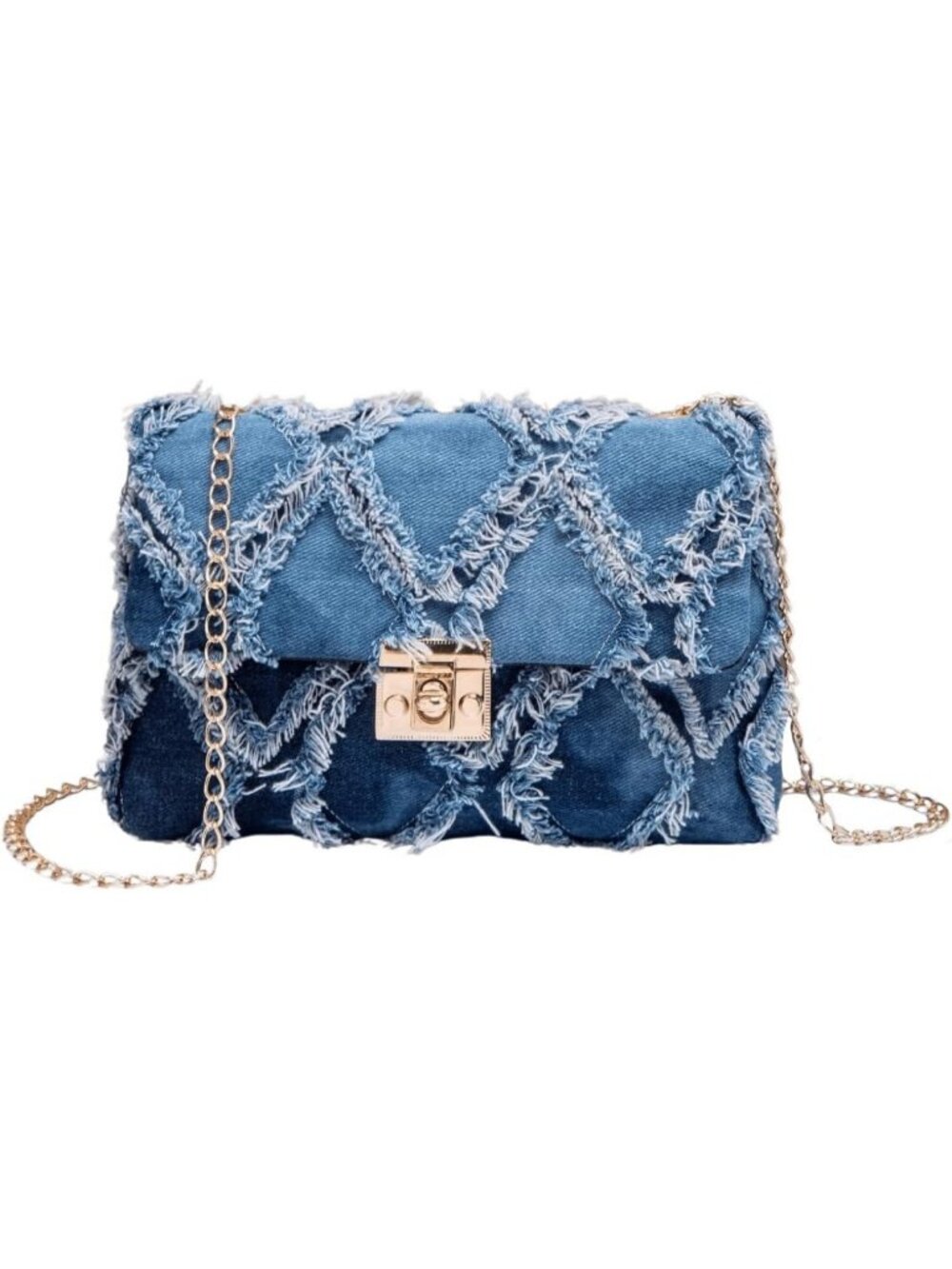 Stylish Mini Distressed Denim Crossbody Bag with Chain Strap & Twist Lock